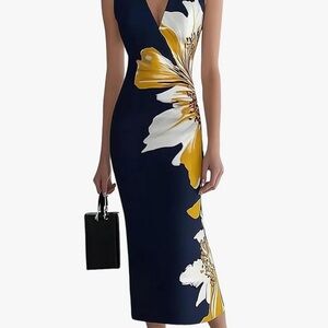 Amazon Essentials Blue and Yellow Bodycon Dress Sleeveless Midi